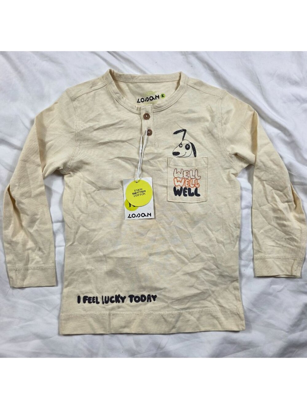 Losan Boys 4T Long Sleeve Cotton Henley Beige Shirt With Fun Dog Graphic Print